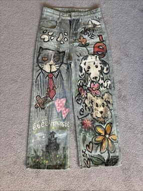 Hand-Painted Art Jeans with Colorful Animal Motifs